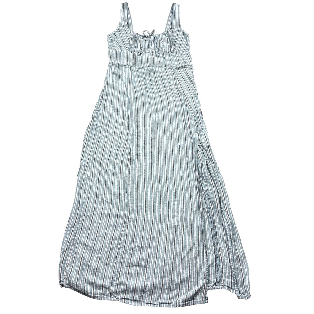 American Eagle Womens S Blue Striped Smocked Tie Front Maxi Dress Side Slit Boho